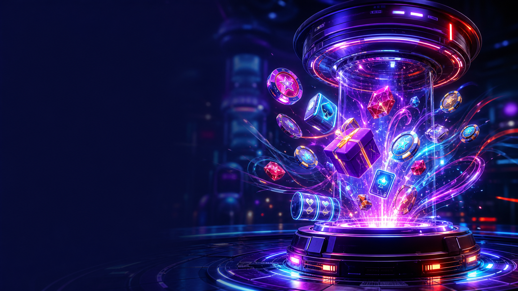 Futuristic neon casino reward capsule with bonus tokens