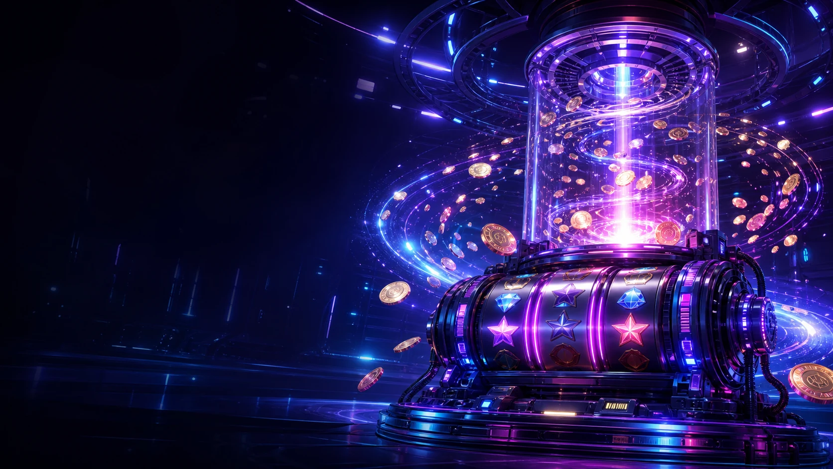 Futuristic online jackpot slot machine with illuminated reels