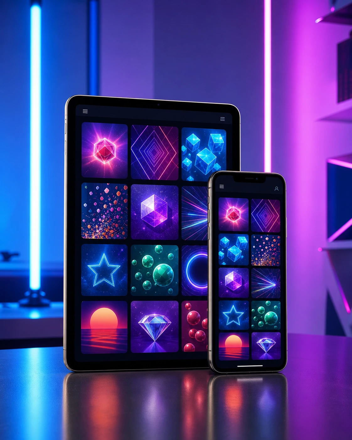 Smartphone and tablet showing a colourful KSI Slots casino lobby
